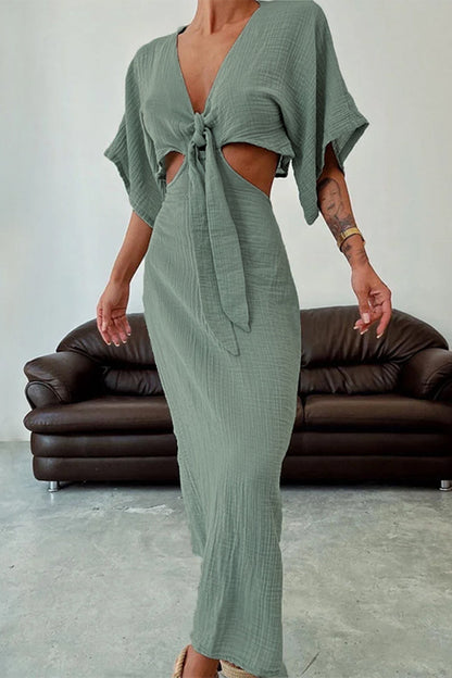 Sexy Solid Hollowed Out Frenulum V Neck One Step Skirt Dresses(2 Colors)
