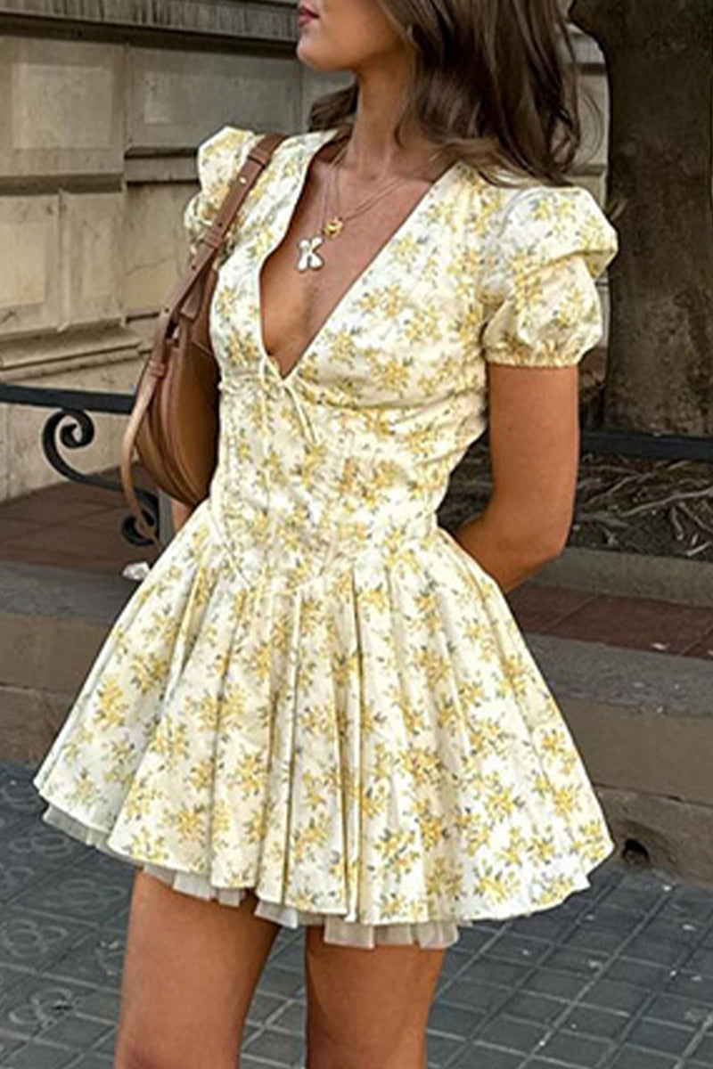 Vestidos sexis con estampado de flores, frenillo, pliegues, escote en V y falda en la cintura