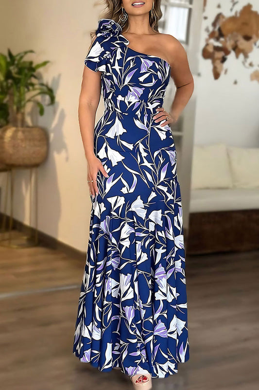 Vestidos largos casuales con cuello oblicuo, espalda descubierta y estampado de patchwork