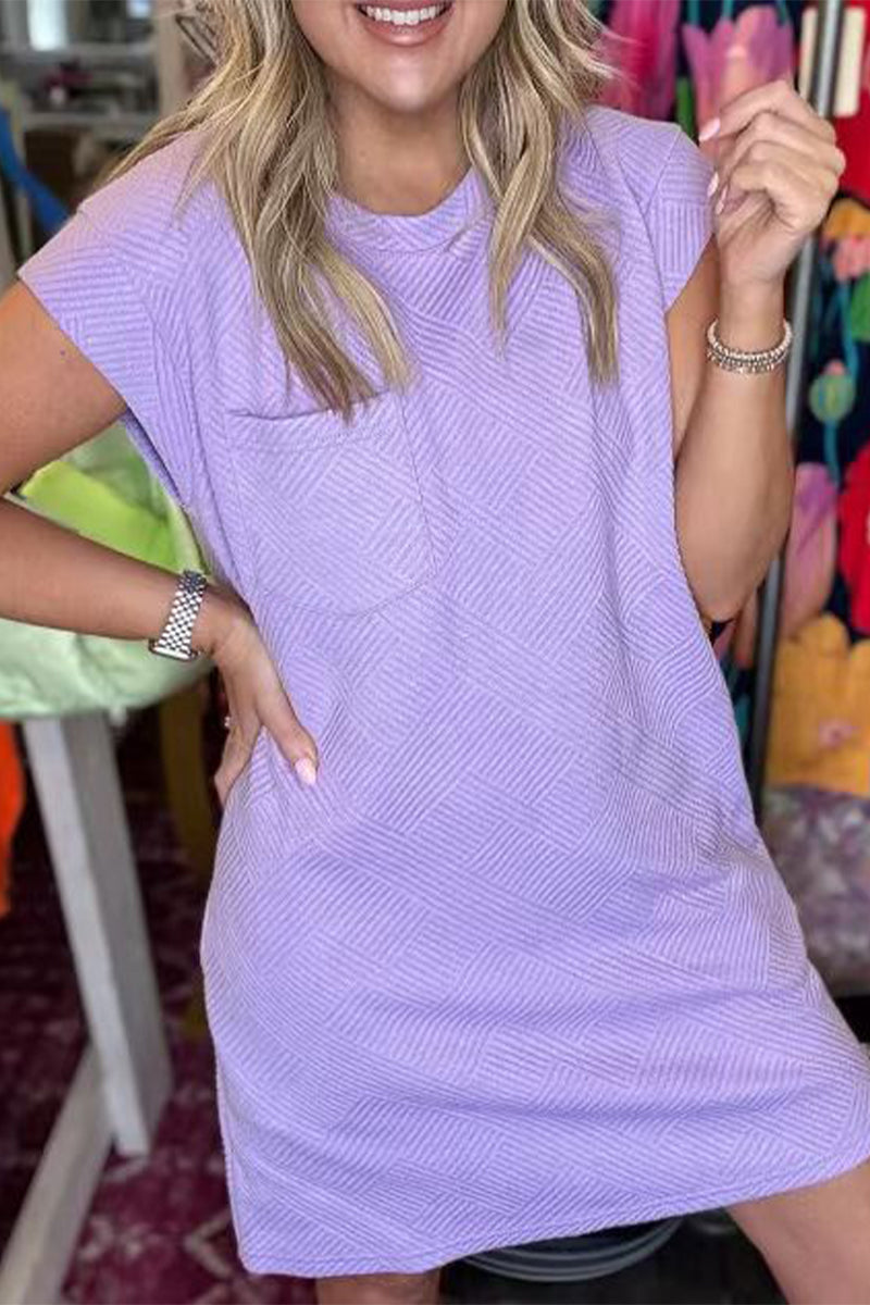 Vestido informal sencillo de manga corta con cuello redondo y bolsillos lisos