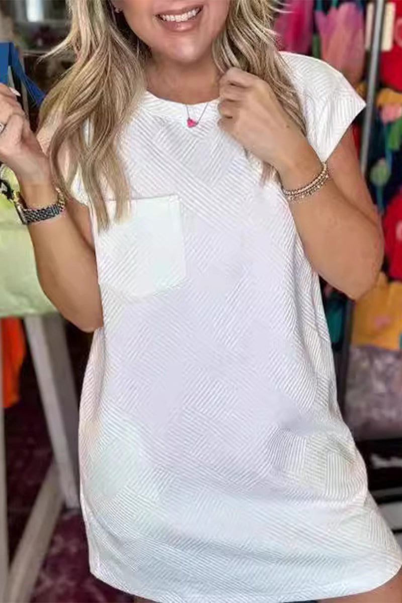 Vestido informal sencillo de manga corta con cuello redondo y bolsillos lisos