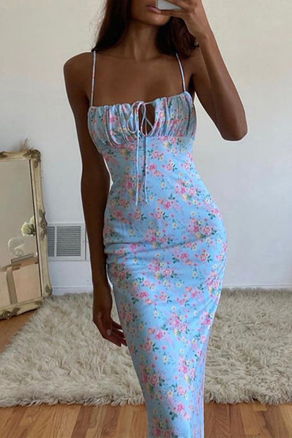 Vestidos sexis de falda de un solo paso con cuello cuadrado, espalda descubierta y estampado de flores vintage
