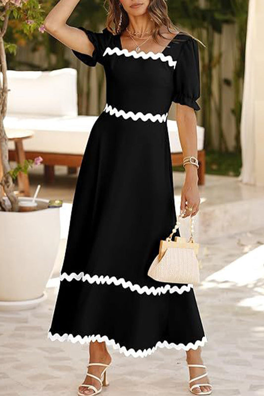 Vestido informal de manga corta con escote en A, corte en A, espalda descubierta, cuello cuadrado en contraste y frenillo ondulado