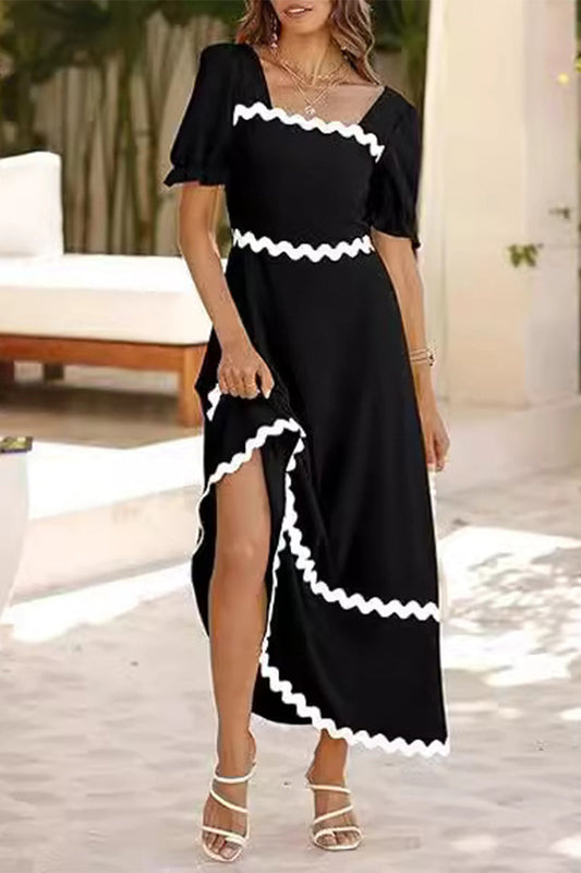 Vestido informal de manga corta con escote en A, corte en A, espalda descubierta, cuello cuadrado en contraste y frenillo ondulado