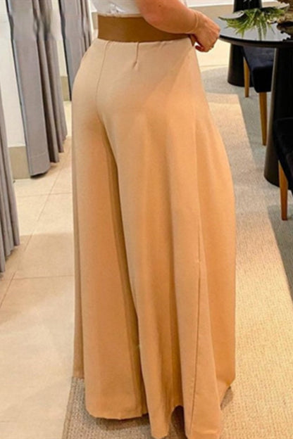Pantalones casuales de color liso con parches, cintura alta, pierna ancha y regular (sin cinturón)