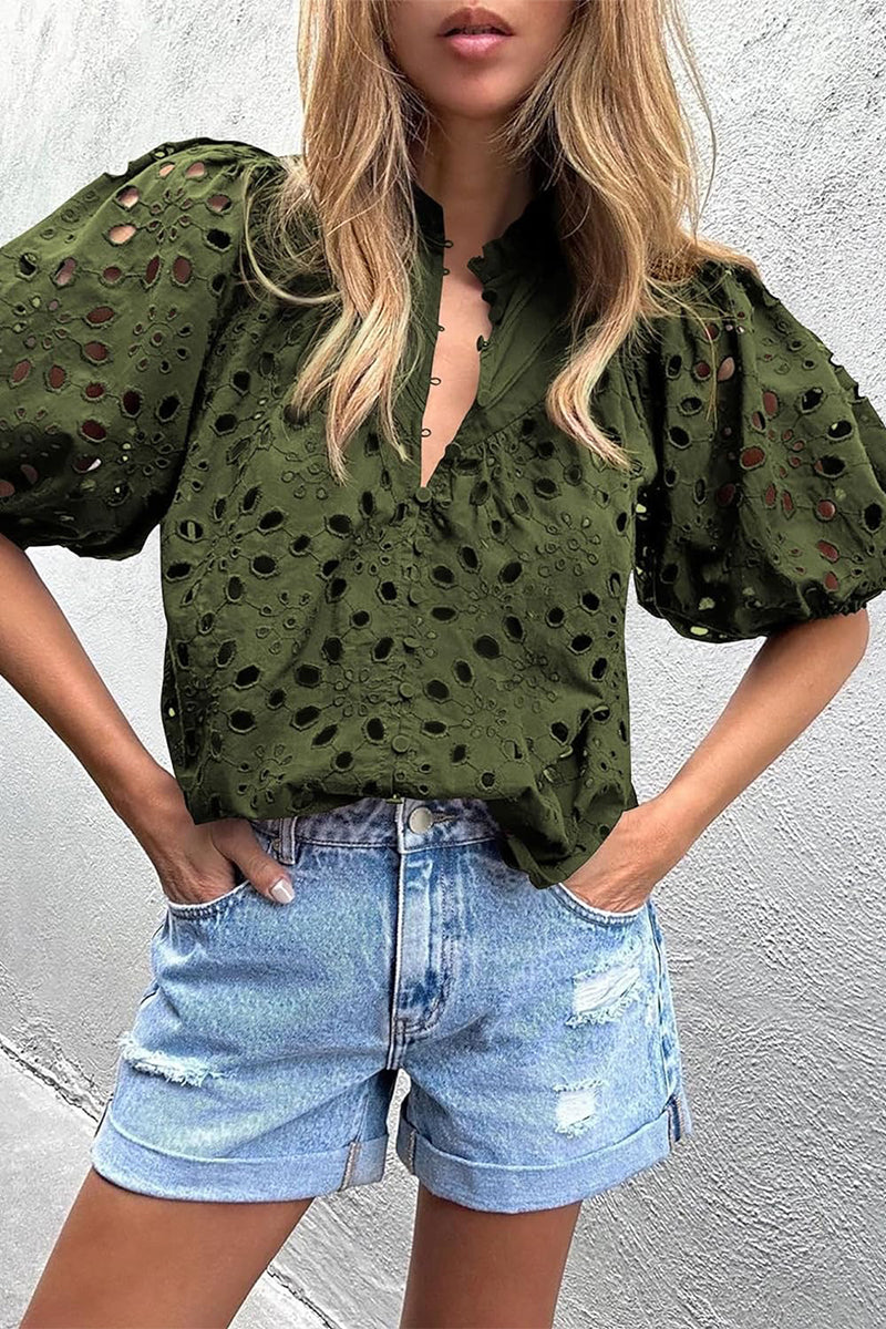 Tops casuales de cuello mandarín con hebilla hueca y sólidos