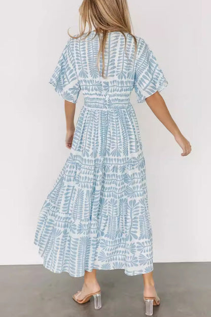 Vestidos estampados de rayas con cuello en V y patchwork para vacaciones vintage