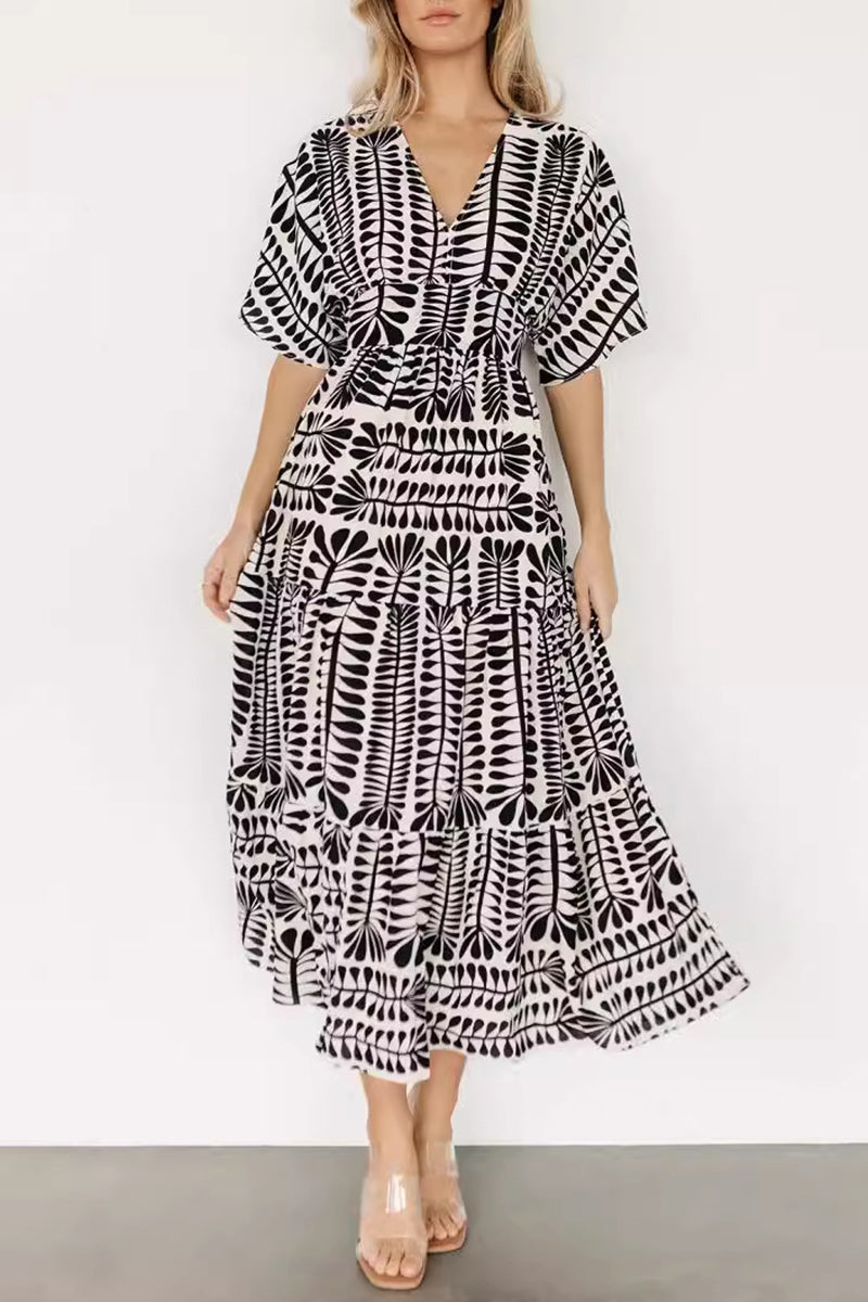 Vestidos estampados de rayas con cuello en V y patchwork para vacaciones vintage