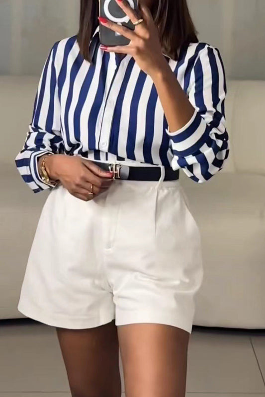 Tops casuales con cuello de camisa con hebilla y retazos a rayas