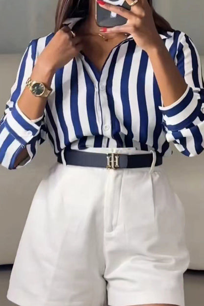 Tops casuales con cuello de camisa con hebilla y retazos a rayas