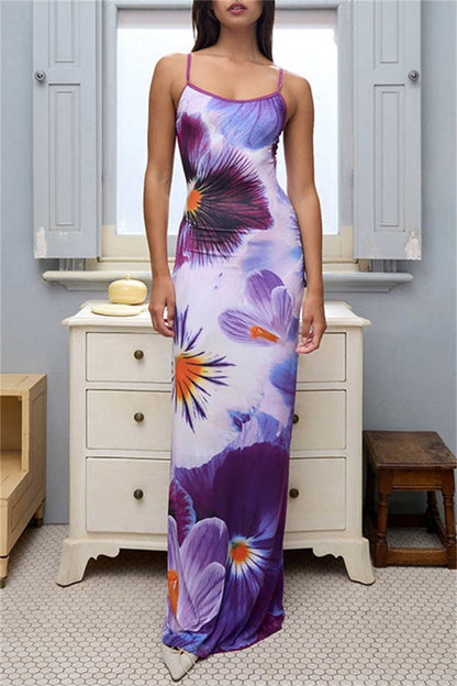 Vestidos largos casuales con tirantes finos, espalda descubierta y estampado