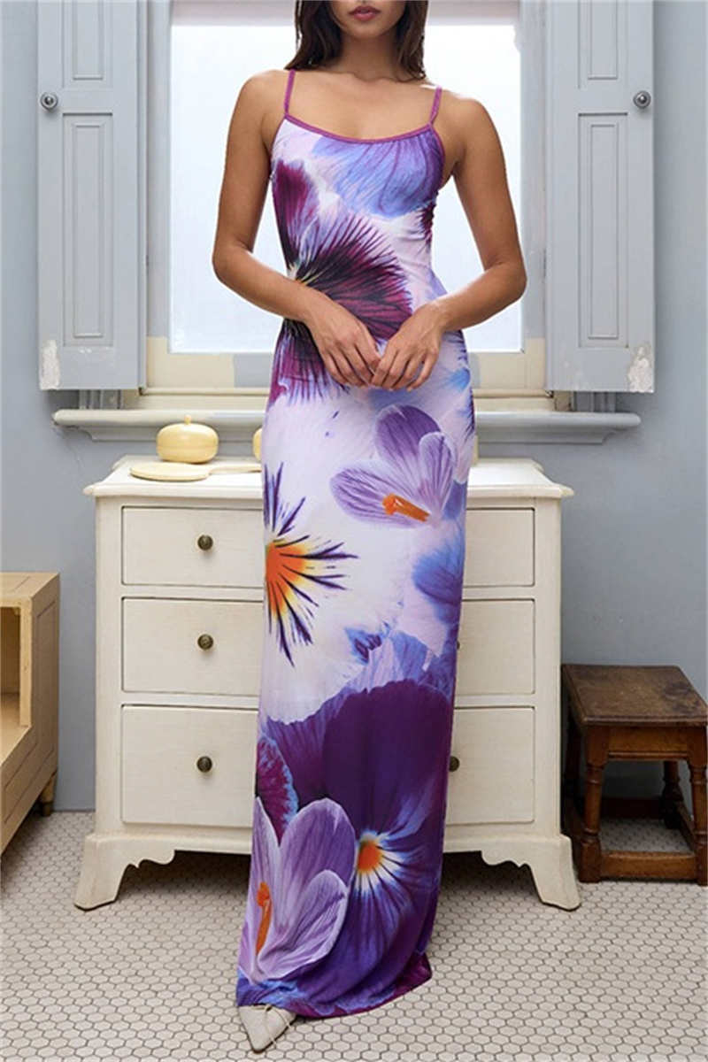 Vestidos largos casuales con tirantes finos, espalda descubierta y estampado