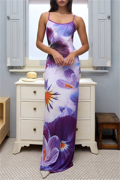 Vestidos largos casuales con tirantes finos, espalda descubierta y estampado