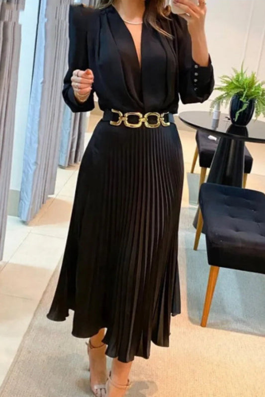Vestido informal de manga larga con cuello en V y parches lisos (sin cinturón)
