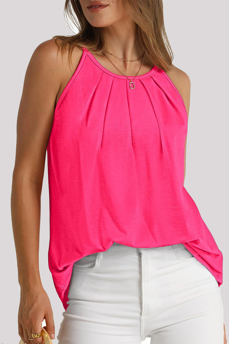 Tops casuales sencillos de cuello redondo con pliegues sólidos