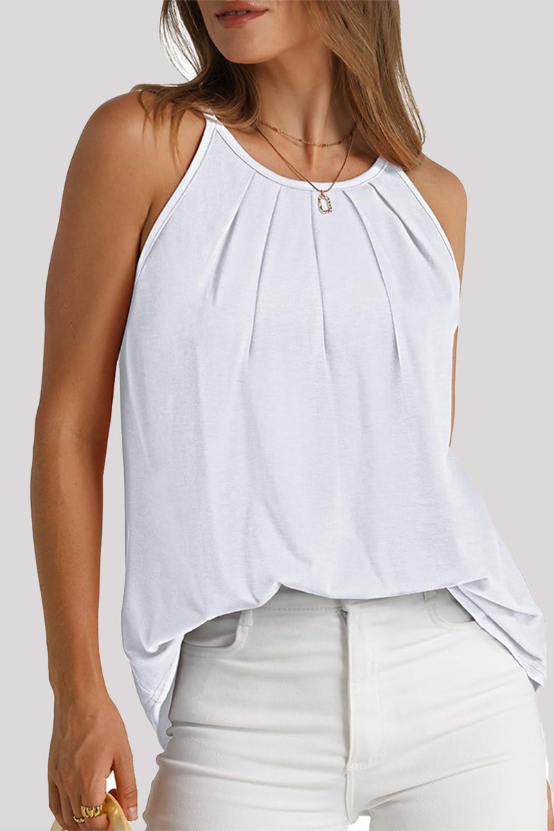 Tops casuales sencillos de cuello redondo con pliegues sólidos