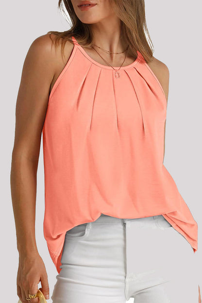 Tops casuales sencillos de cuello redondo con pliegues sólidos