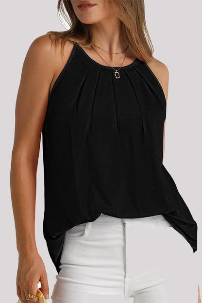 Tops casuales sencillos de cuello redondo con pliegues sólidos