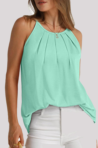 Tops casuales sencillos de cuello redondo con pliegues sólidos