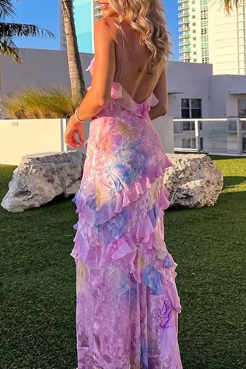 Vestidos de falda de un solo paso con escote en V y volantes con estampado de cambio gradual de celebridades sexys