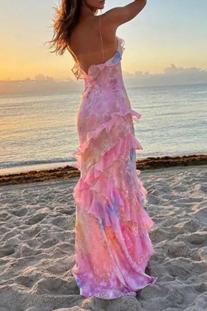 Vestidos de falda de un solo paso con escote en V y volantes con estampado de cambio gradual de celebridades sexys