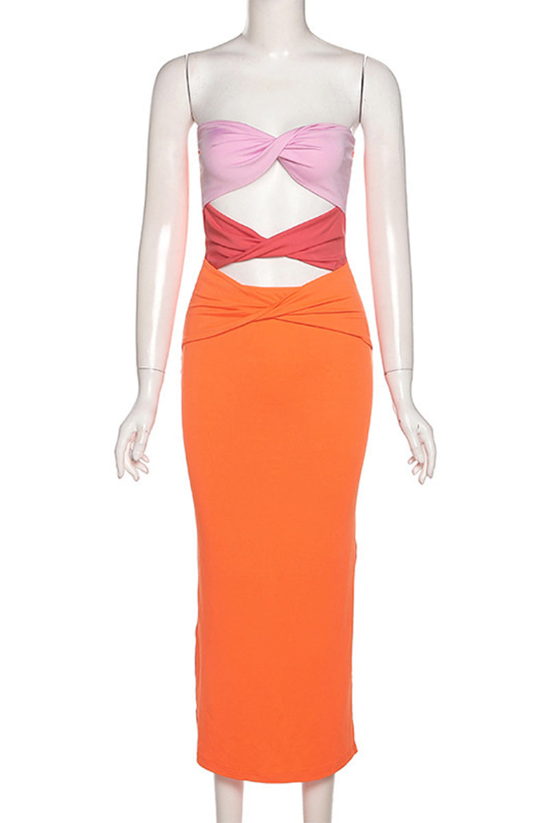 Vestidos sexis de falda de un solo paso sin tirantes con contraste ahuecado y sólido