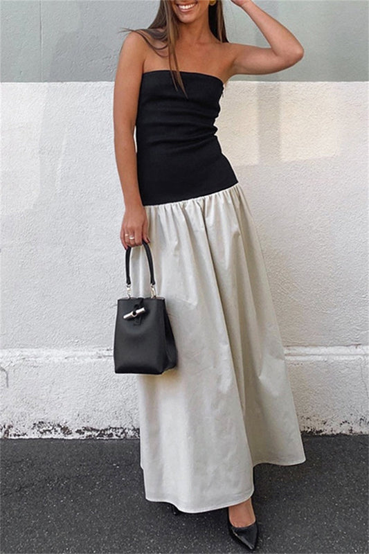 Vestidos largos casuales sin tirantes, con espalda descubierta y contraste de patchwork