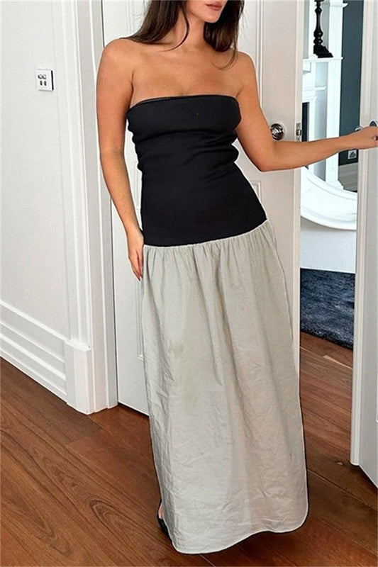 Vestidos largos casuales sin tirantes, con espalda descubierta y contraste de patchwork