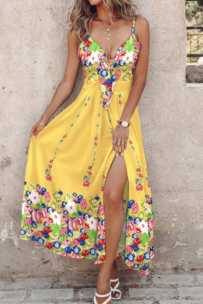 Vestidos largos sexis informales con estampado, espalda descubierta, abertura y tirantes finos