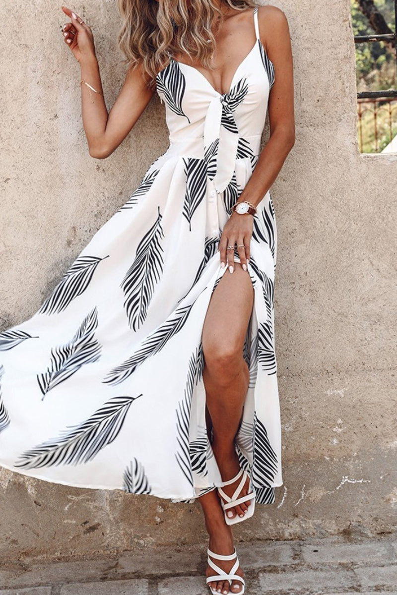 Vestidos largos sexis informales con estampado, espalda descubierta, abertura y tirantes finos