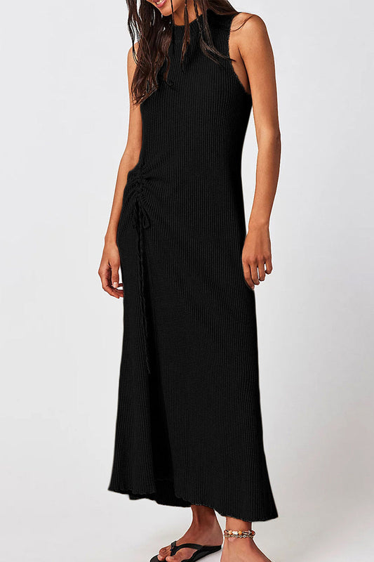 Vestidos casuales lisos con cordón ajustable y cuello redondo sin mangas