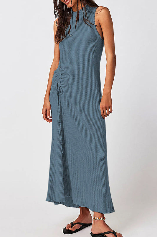 Vestidos casuales lisos con cordón ajustable y cuello redondo sin mangas