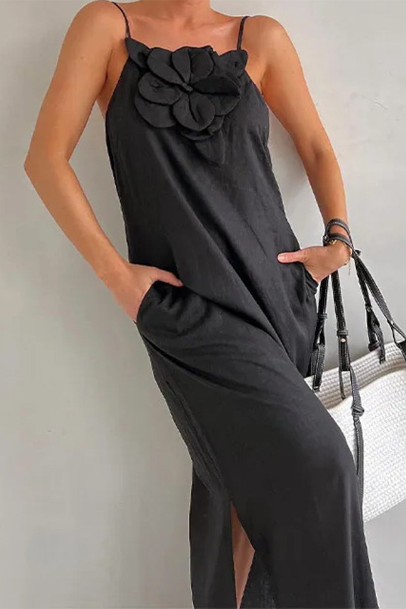 Vestidos casuales de calle con flores lisas, bolsillos y aberturas