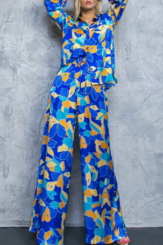 Conjunto informal de dos piezas con cuello vuelto, manga larga y estampado geométrico vintage