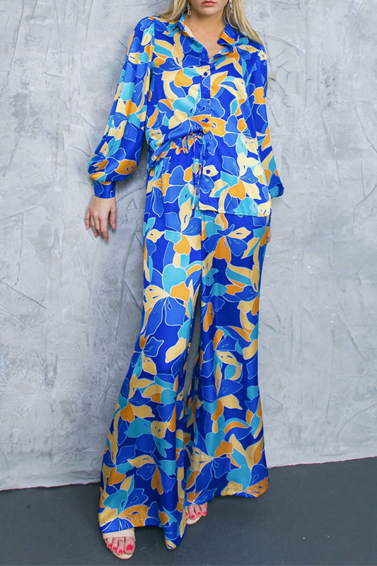 Conjunto informal de dos piezas con cuello vuelto, manga larga y estampado geométrico vintage