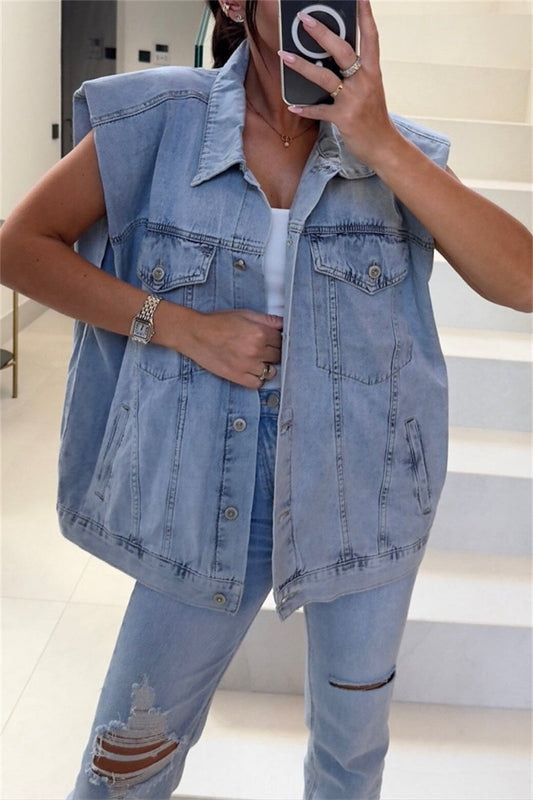Chaqueta vaquera informal de cuello vuelto, sin mangas y con parches lisos