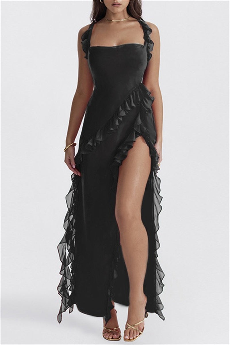 Vestidos largos sexis informales de retazos lisos con espalda descubierta y abertura con tirantes finos (3 colores)