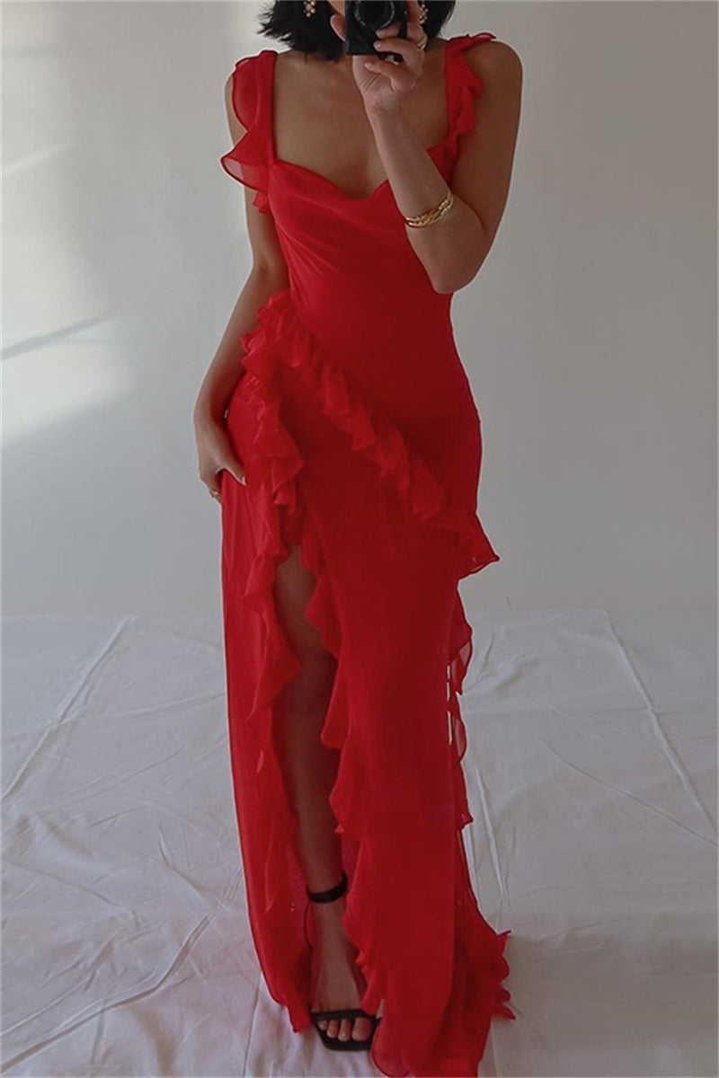 Vestidos largos sexis informales de retazos lisos con espalda descubierta y abertura con tirantes finos (3 colores)