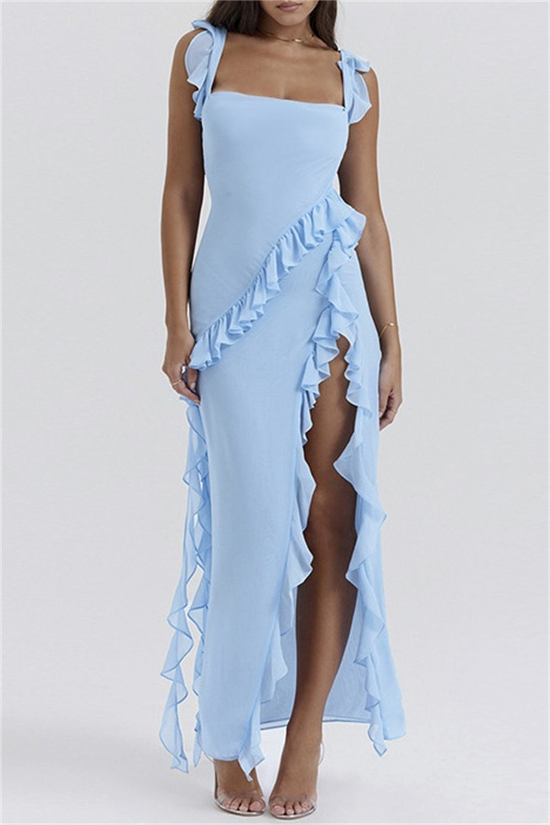 Vestidos largos sexis informales de retazos lisos con espalda descubierta y abertura con tirantes finos (3 colores)
