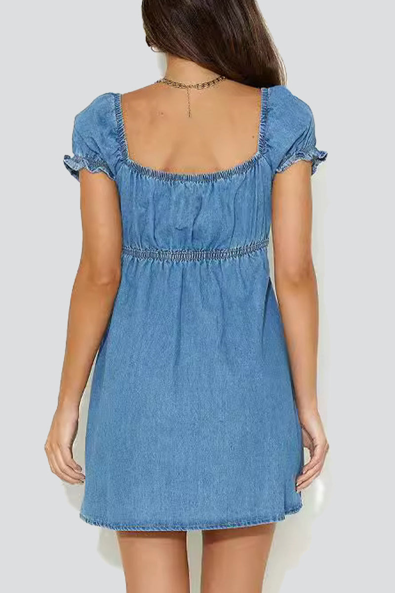 Vestidos casuales de mezclilla de calle, lisos, con frenillo ahuecado, cuello en V y manga corta