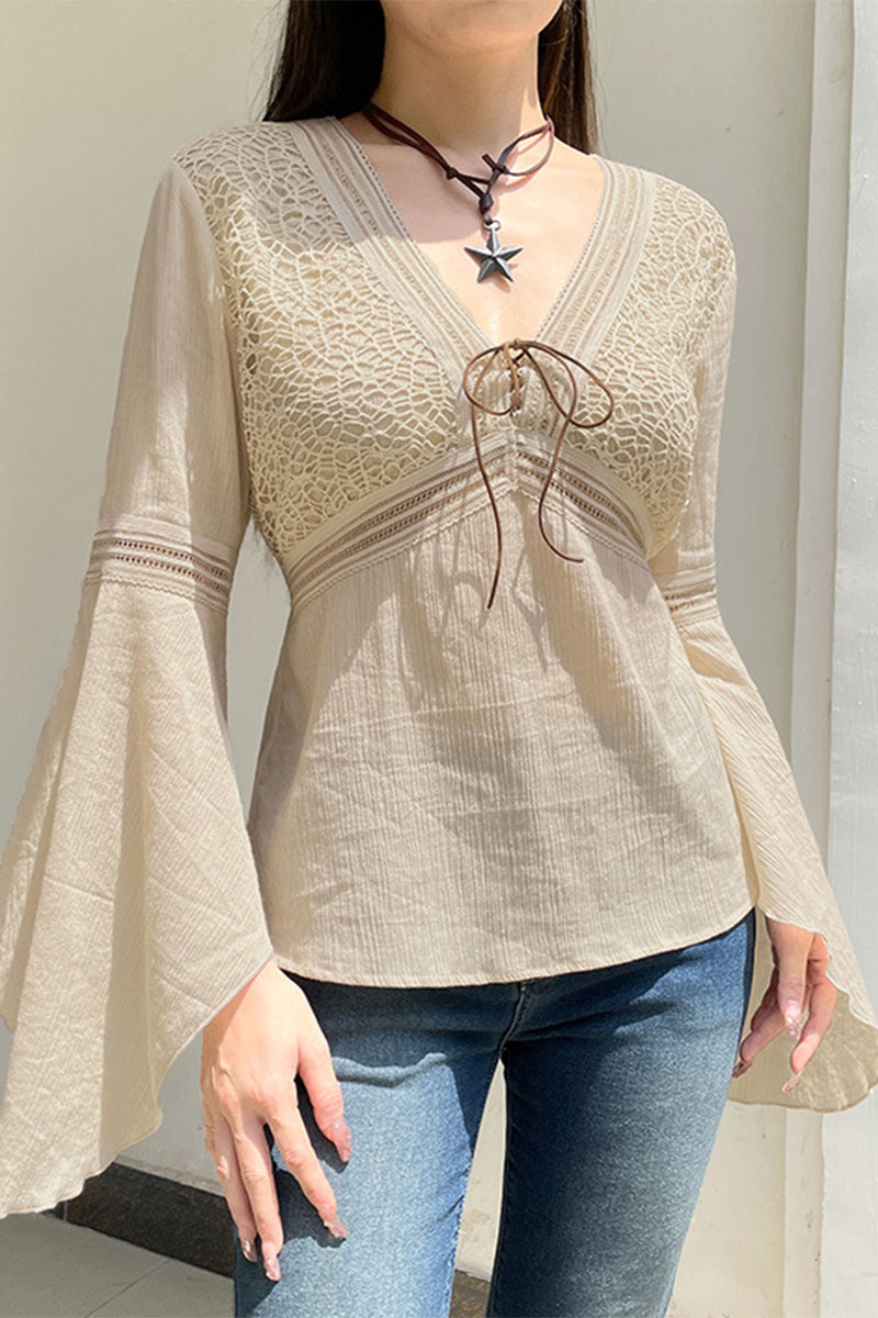 Elegante blusa de cuello en V con frenillo y patchwork sólido