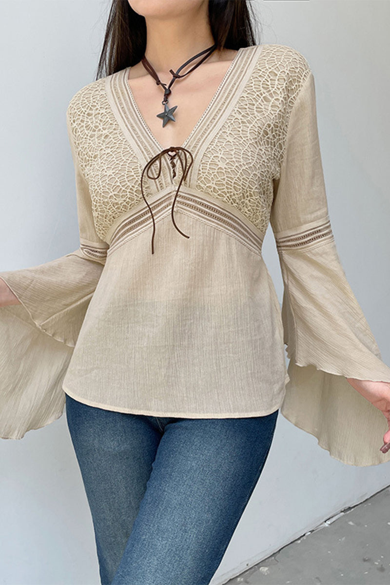 Elegante blusa de cuello en V con frenillo y patchwork sólido