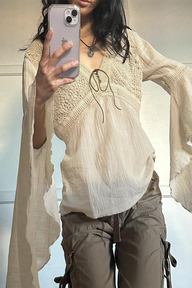 Elegante blusa de cuello en V con frenillo y patchwork sólido