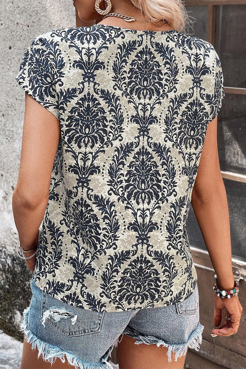 Camisetas casuales vintage con cuello en V y estampado floral