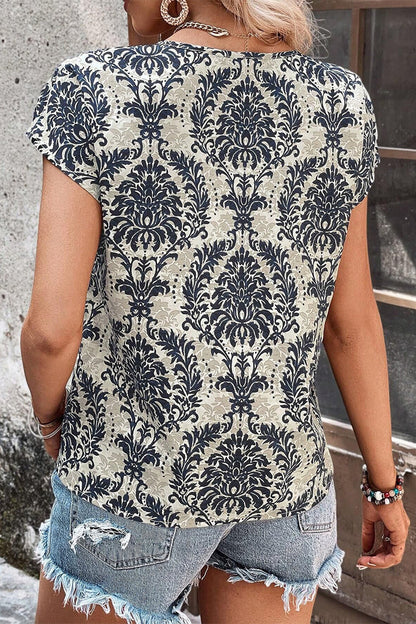 Camisetas casuales vintage con cuello en V y estampado floral