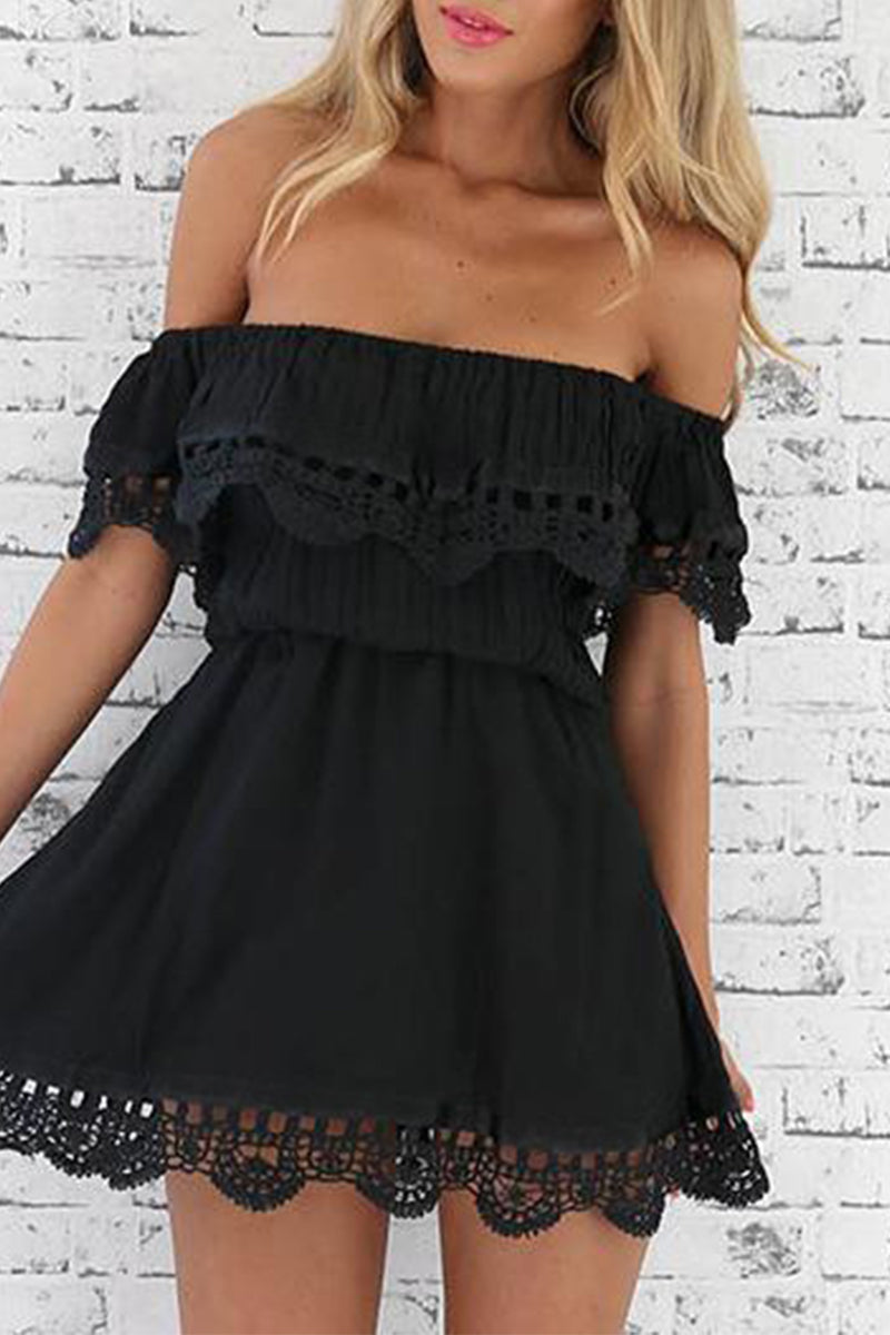 Vestidos casuales de encaje liso con hombros descubiertos y corte A