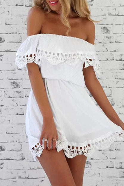Vestidos casuales de encaje liso con hombros descubiertos y corte A