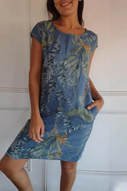 Vestidos casuales estampados con cuello redondo y bolsillos florales
