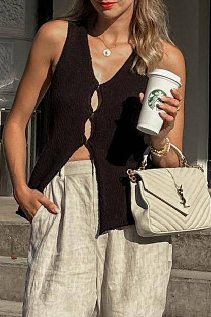 Tops casuales de estilo británico con cuello en V ahuecado y liso
