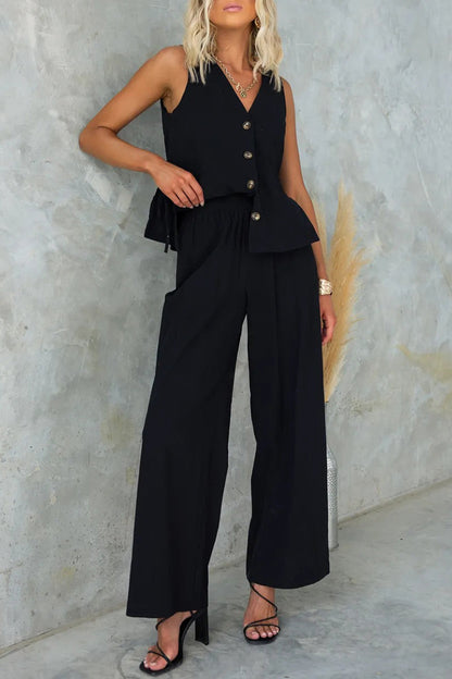 Conjunto informal de dos piezas con cuello en V, sin mangas, botones y frenillo liso